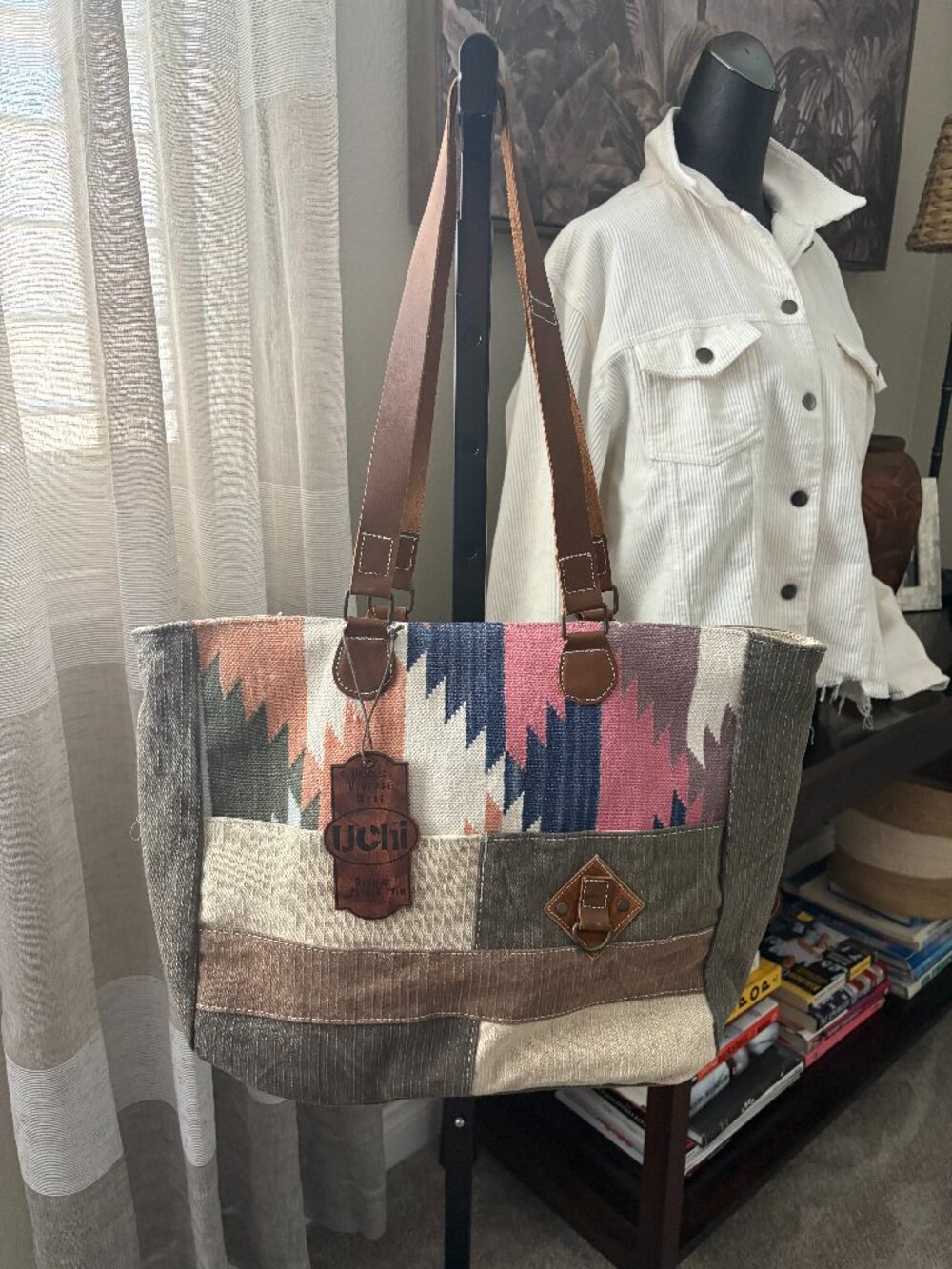 UCHI upcycled tote bag with Dhurry Canvas & Genuine Leather Trim
